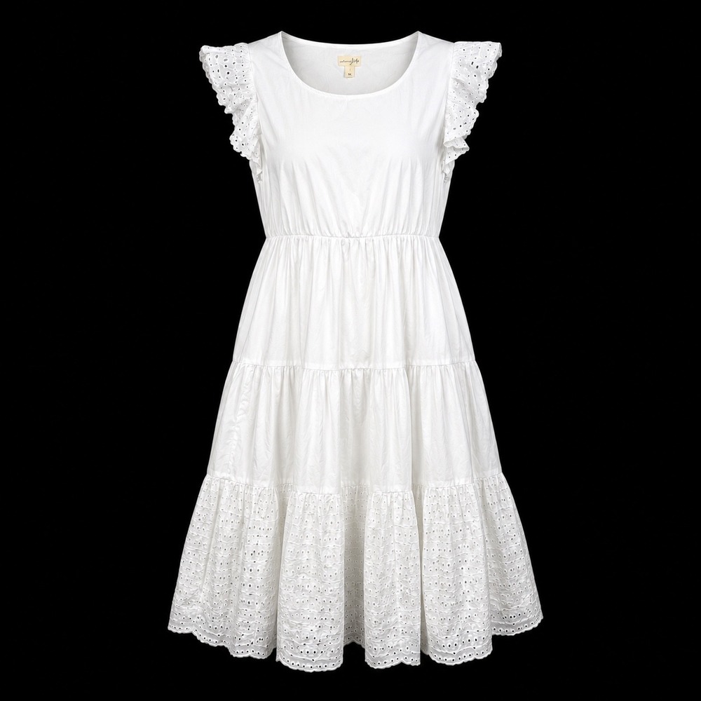 Dress Sz L %100 Cotton Maxi Cottage Ruffle Eyelet Tiered Garden Party Boho White